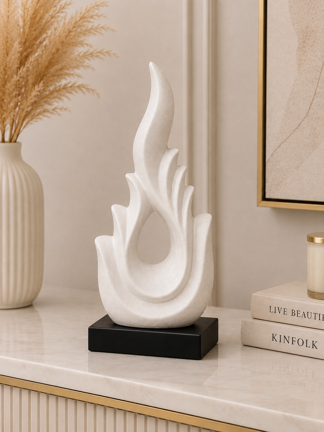 Modern Flame Abstract Sculpture with Black Base – Elegant Contemporary Home Décor
