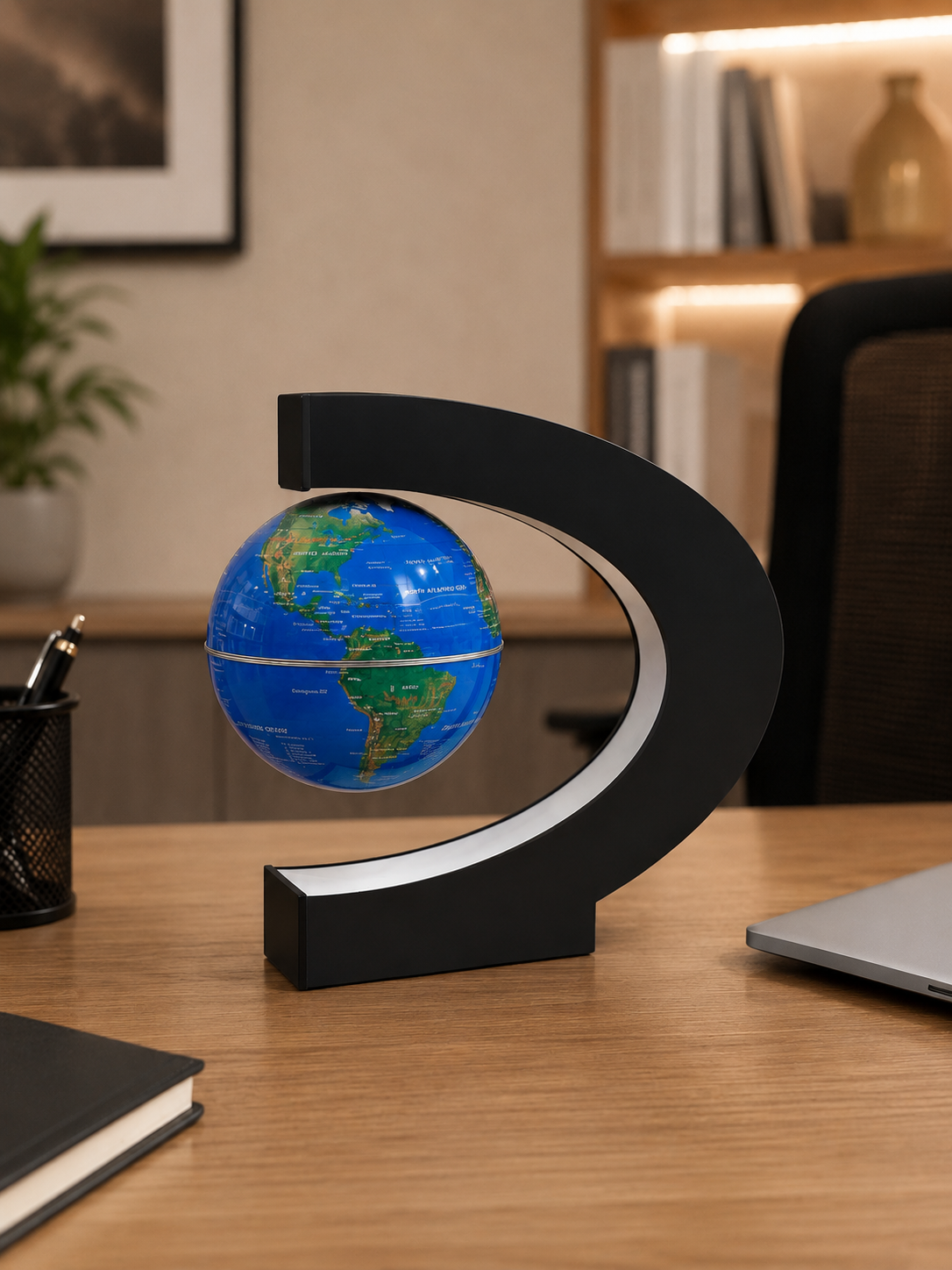 Premium Floating Magnetic Levitation Globe with LED Light | Rotating World Globe with Modern Crescent-Shaped Display Stand