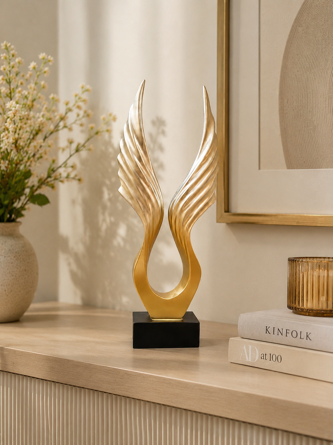 Modern Golden & Silver Angel Wings Sculpture | Luxury Abstract Resin Showpiece | Premium Home Décor Accent