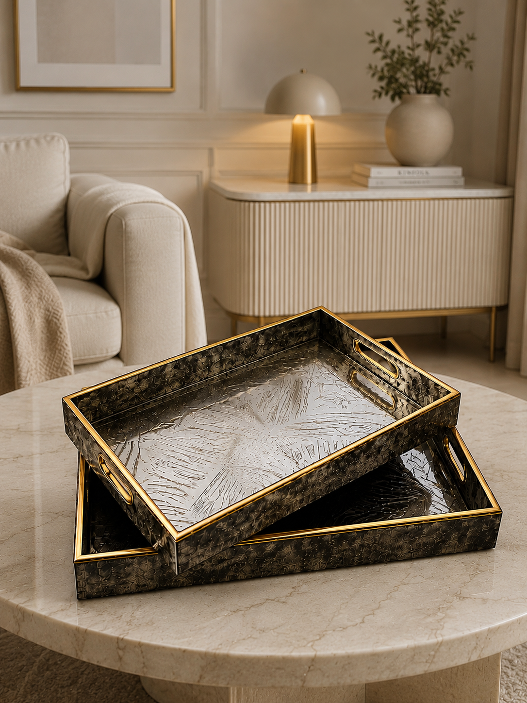 Luxury Antique Gold Decorative Serving Tray Set with Textured Design (2 Pieces)