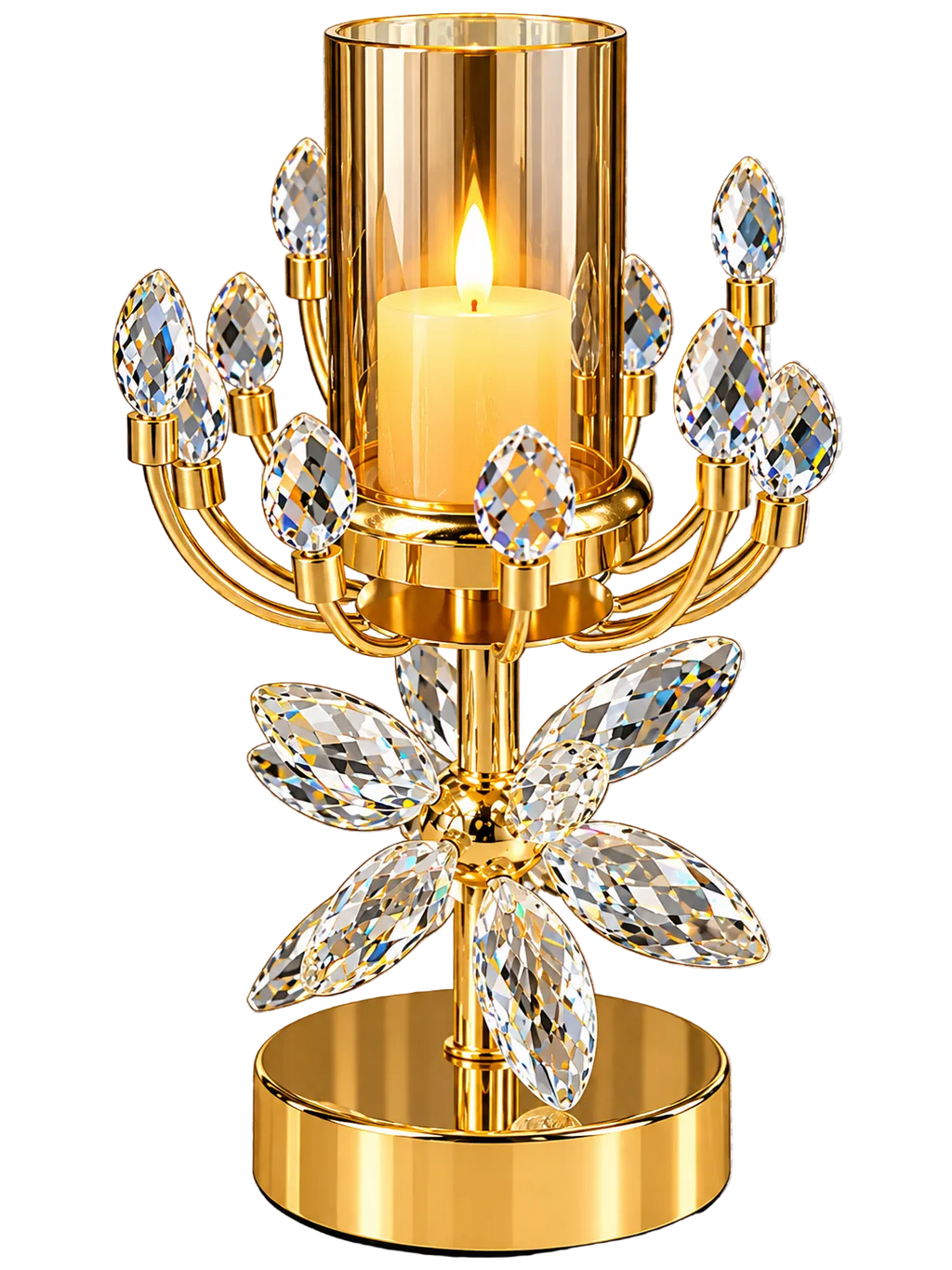 Luxury Gold Crystal Floral Candle Holder with Butterfly Flower Design