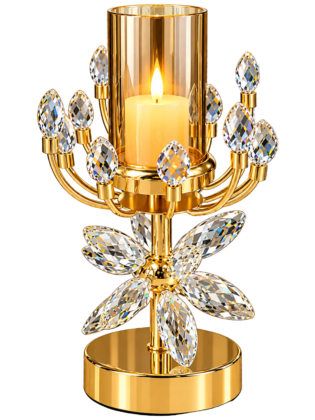 Luxury Gold Crystal Floral Candle Holder with Butterfly Flower Design