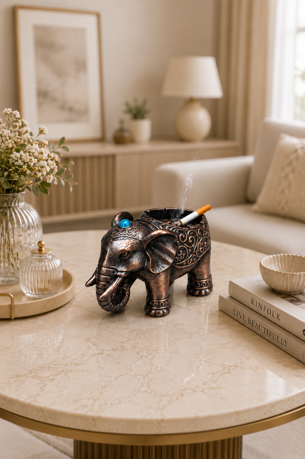 Luxury Elephant Ashtray – Decorative Resin Cigarette Ashtray with Antique Bronze Finish | Home & Office Table Decor