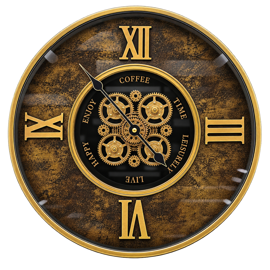 Luxury Antique Coffee Time Wall Clock – Black & Gold Skeleton Gear Design