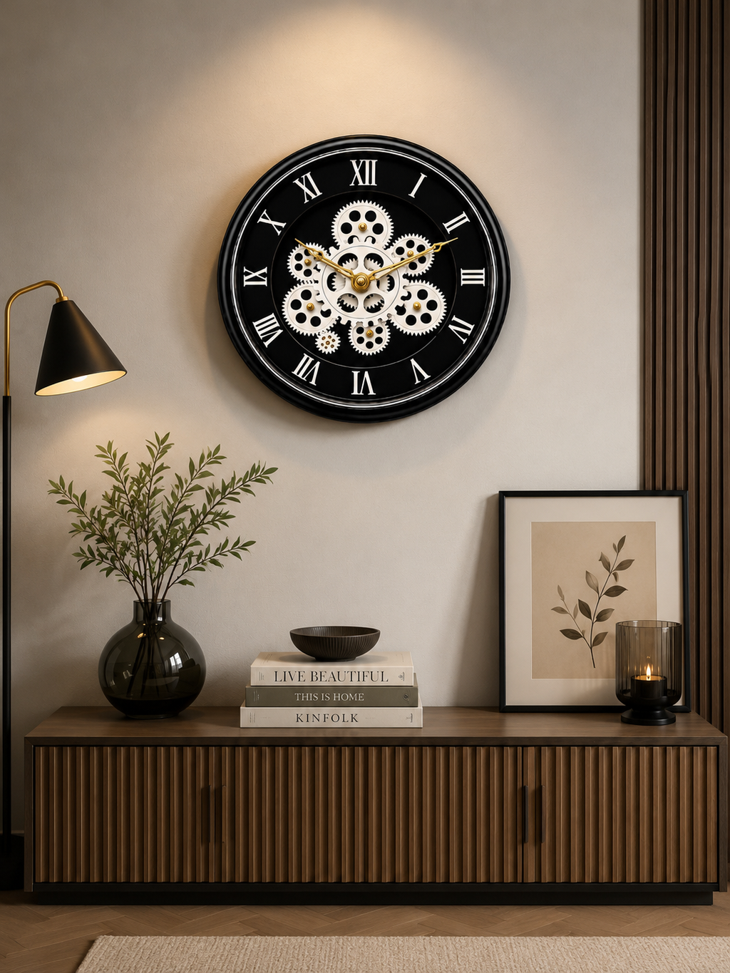 Luxury Black Skeleton Gear Wall Clock with Roman Numerals – Modern Decorative Silent Wall Clock for Living Room, Office & Bedroom
