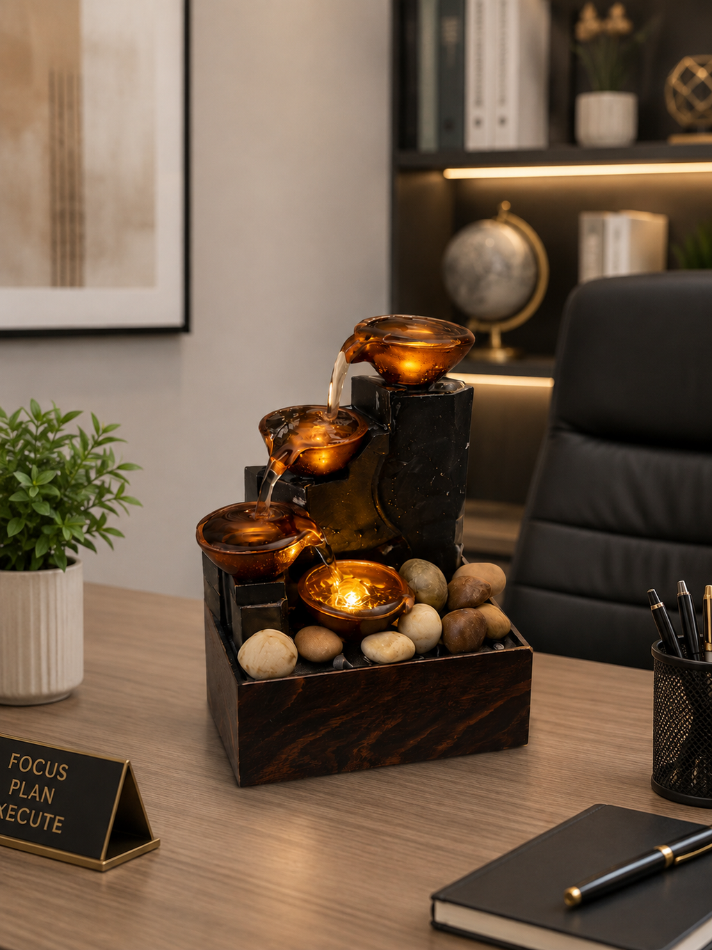 Luxury 4-Tier Cascading Tabletop Water Fountain – Amber Bowl & Stone Design