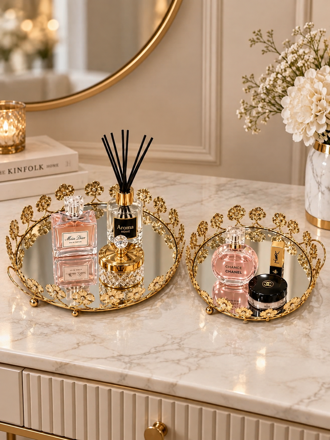 Luxury Gold Floral Decorative Mirror Tray Set – 2-Piece Vanity & Home Décor Trays