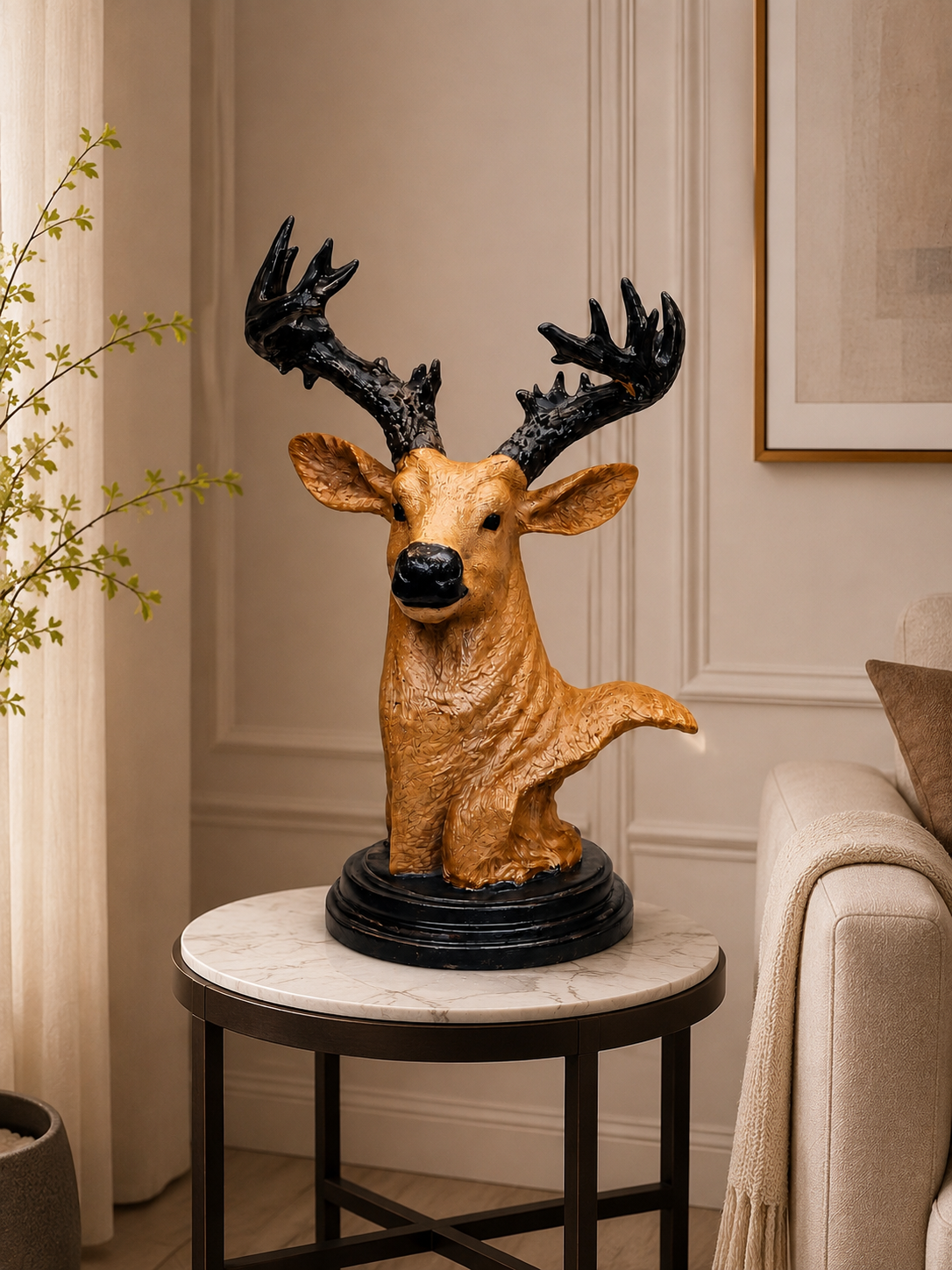 Luxury Deer Head Sculpture | Modern Resin Stag Bust Table Decor | Black & Gold Decorative Accent