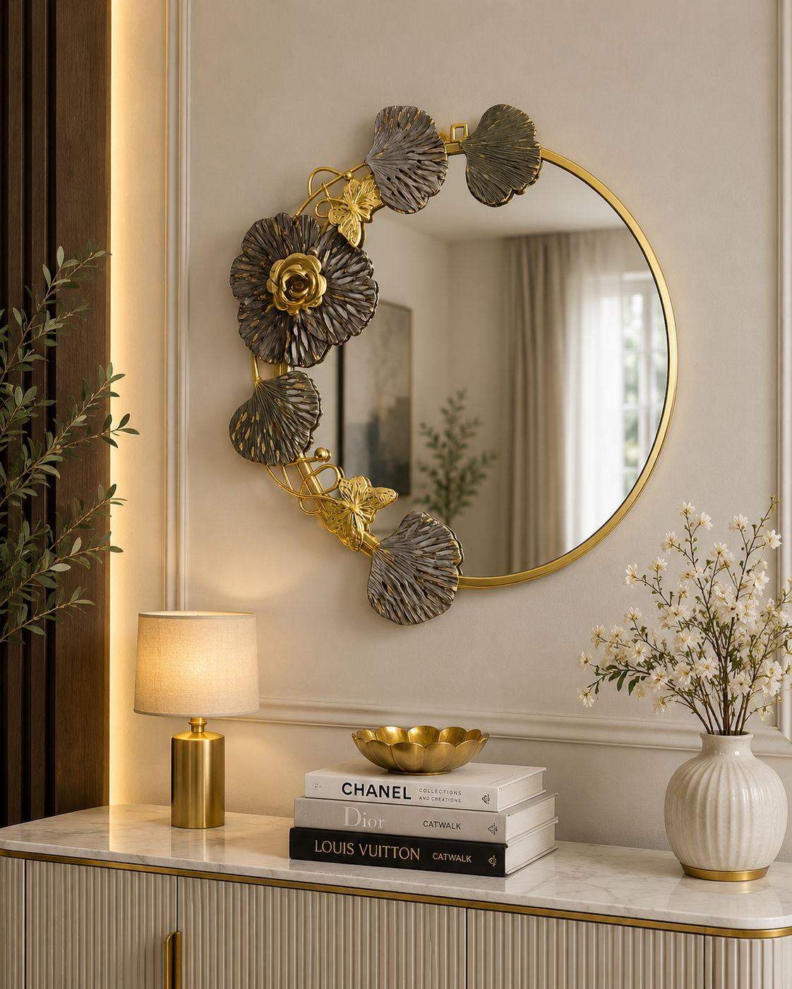Luxury Floral Round Wall Mirror | Gold Metal Decorative Mirror with Floral Leaf Frame | Modern Wall Décor for Living Room, Bedroom & Entryway
