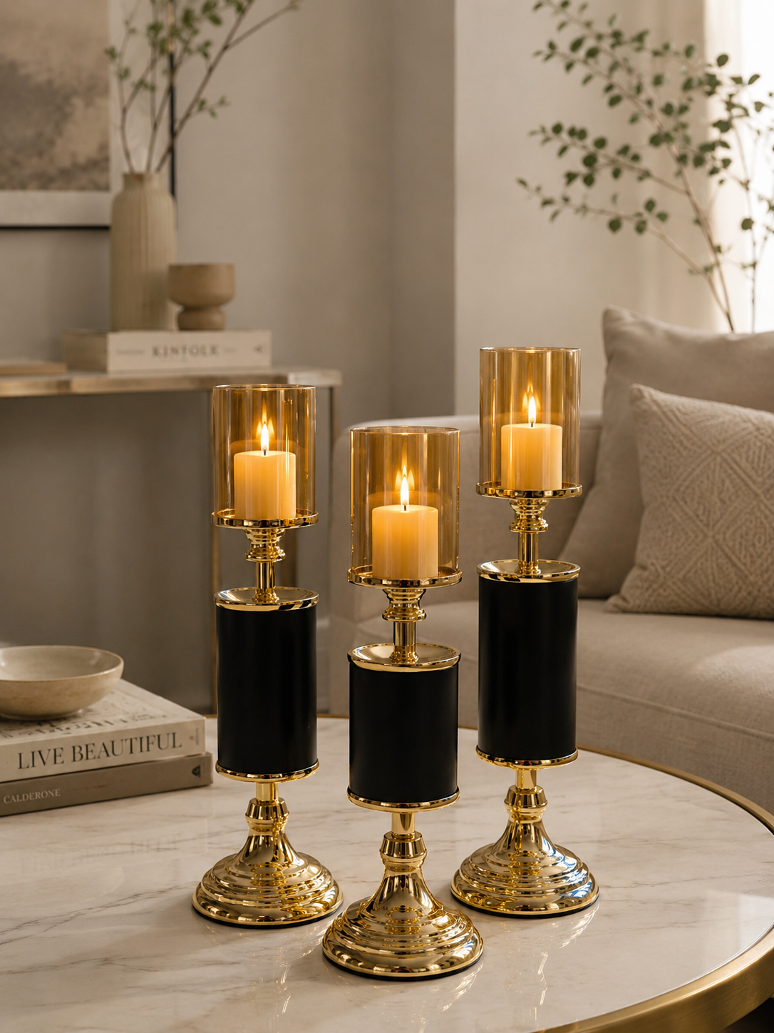 Luxury 3-Piece Glass Hurricane Candle Holder Set | Black & Gold Metal Candle Stands with Glass Shades | Modern Table Centerpiece