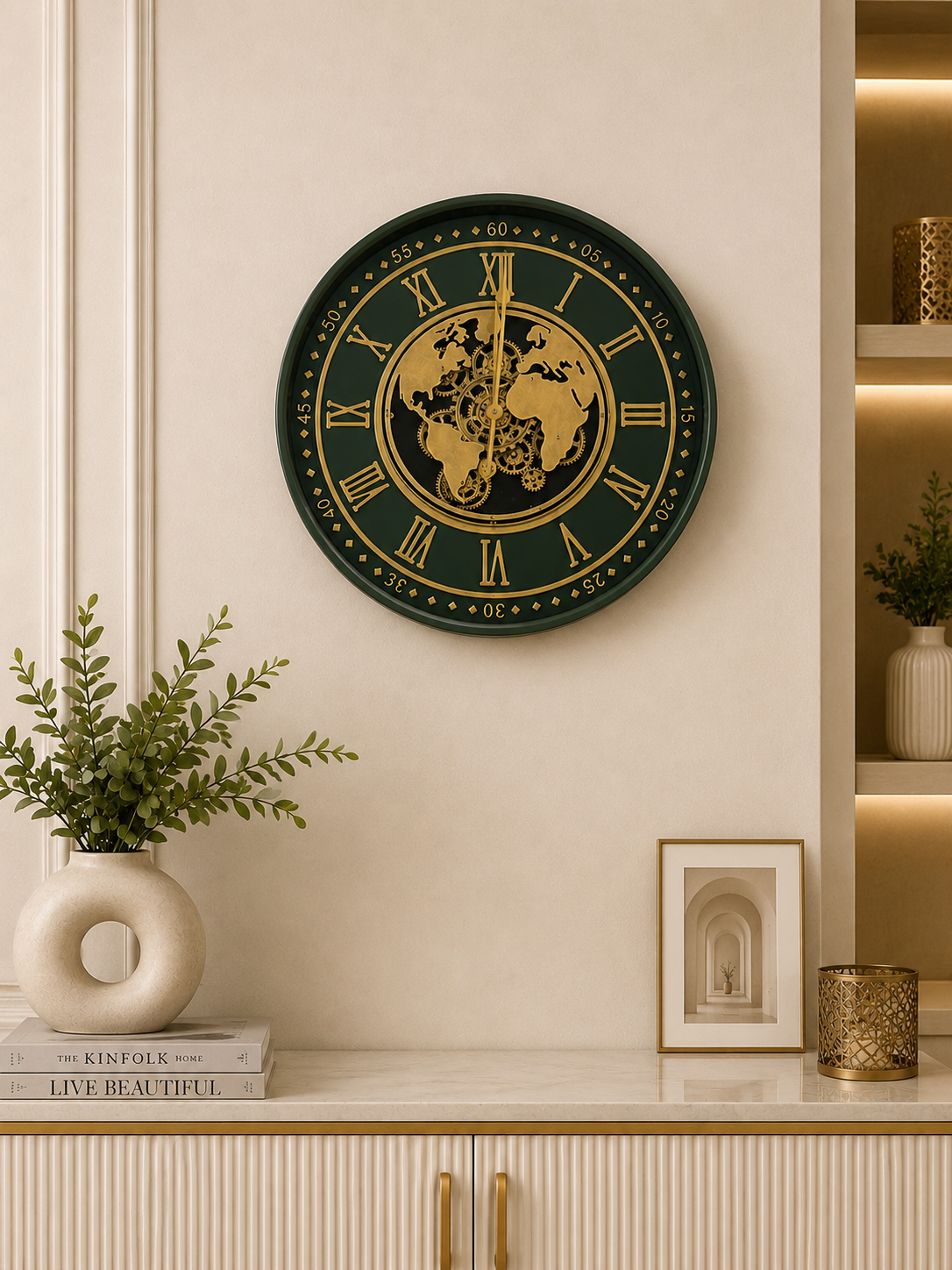 Luxury World Map Wall Clock – Green & Gold Roman Numeral Gear Design