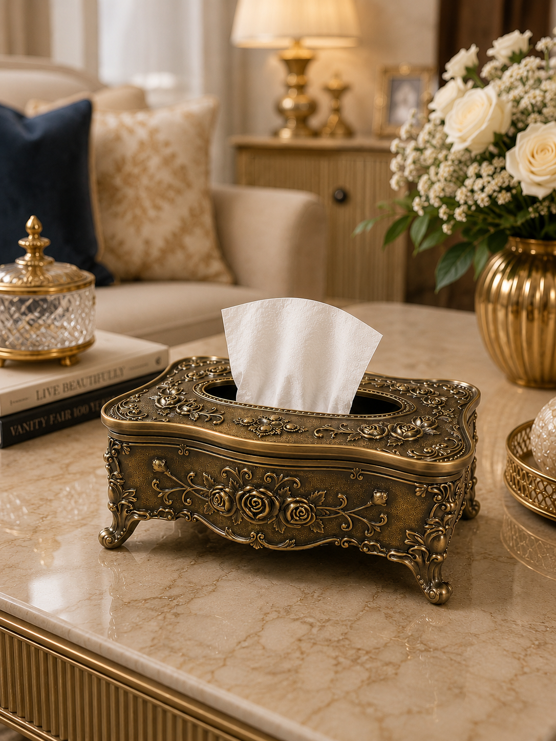 uxury Vintage Floral Tissue Box Cover – Antique Bronze Decorative Tissue Holder for Home & Office