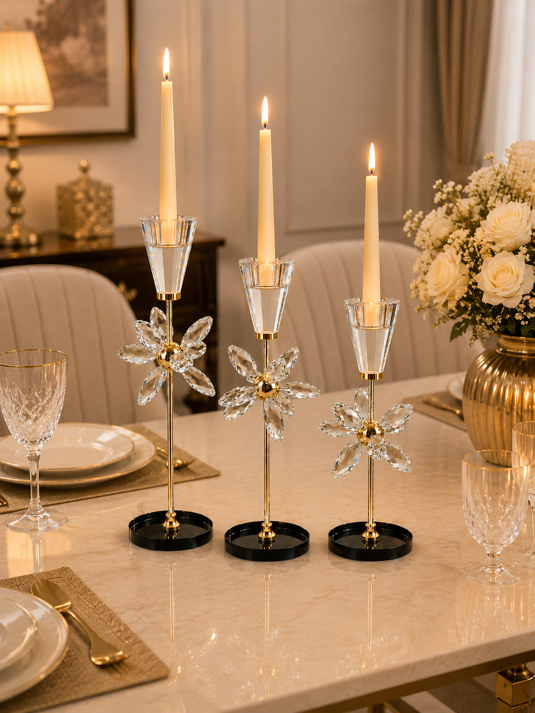 Luxury Crystal Flower Taper Candle Holder Set of 3 – Gold Metal Candle Stand with Crystal Glass Cups