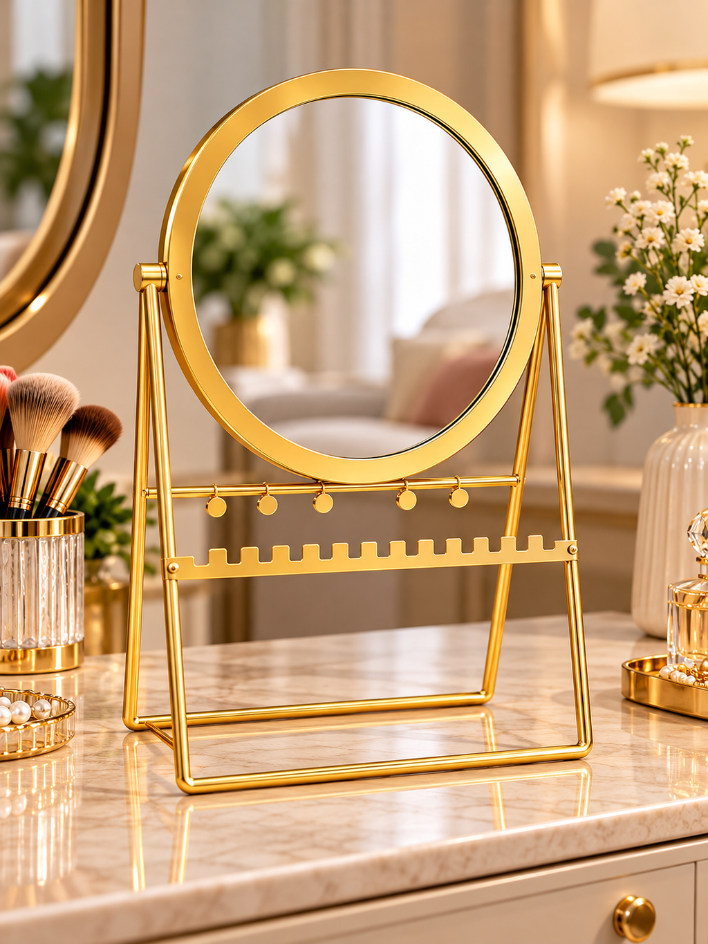 Luxury Gold Round Vanity Mirror with Jewelry Organizer Stand – Elegant Tabletop Makeup Mirror