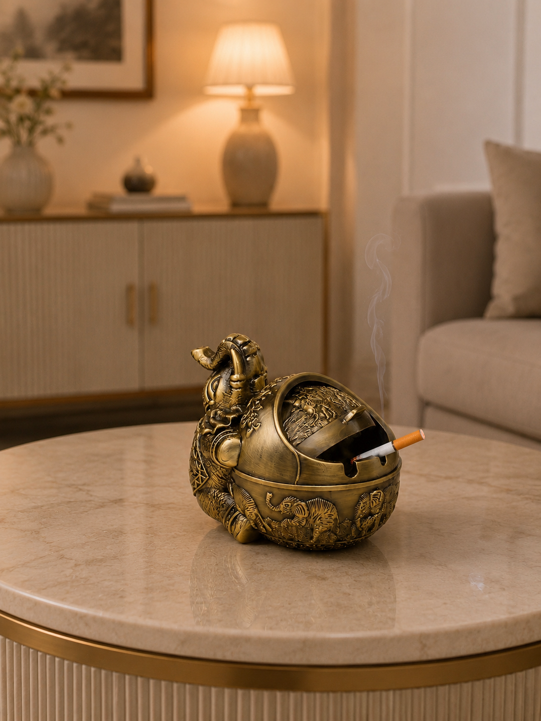 Luxury Elephant Metal Ashtray with Windproof Lid | Decorative Vintage Cigarette Ashtray | Premium Home & Office Décor