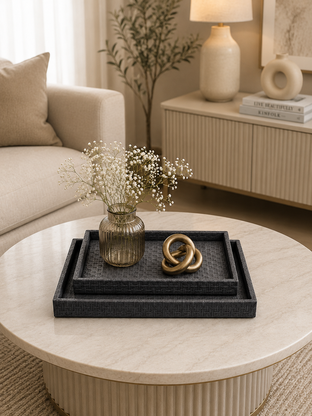 Luxury Black Leather Serving Tray Set | Decorative Nesting Coffee Table Trays | Ottoman & Vanity Organizer (Set of 2)