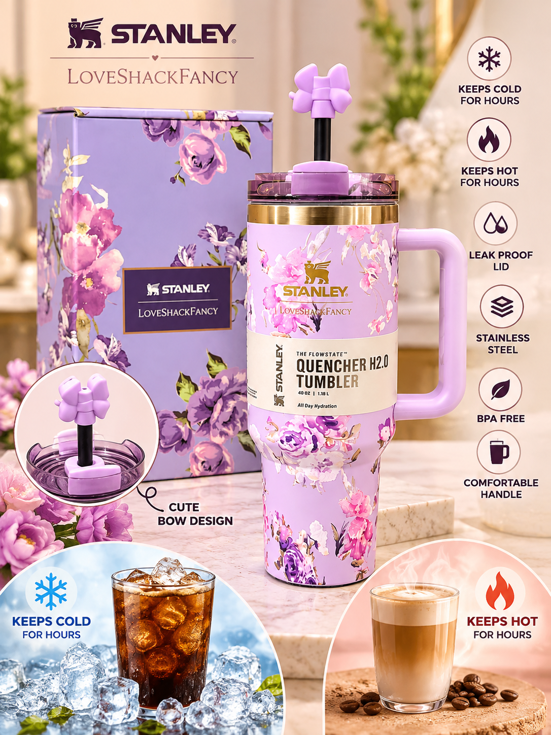 Stanley x LoveShackFancy Purple Floral Bow Quencher H2.0 Tumbler 40 oz