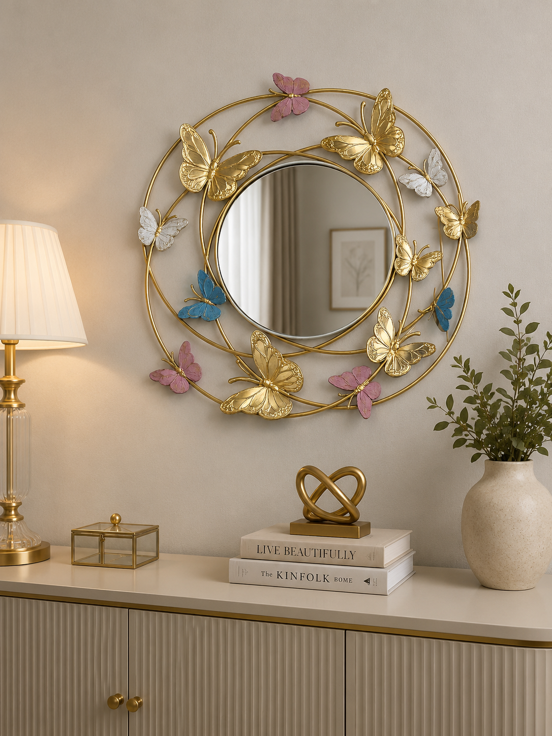 Luxury Butterfly Wall Mirror | Gold Metal Decorative Round Mirror | Modern Wall Décor for Living Room, Bedroom & Entryway