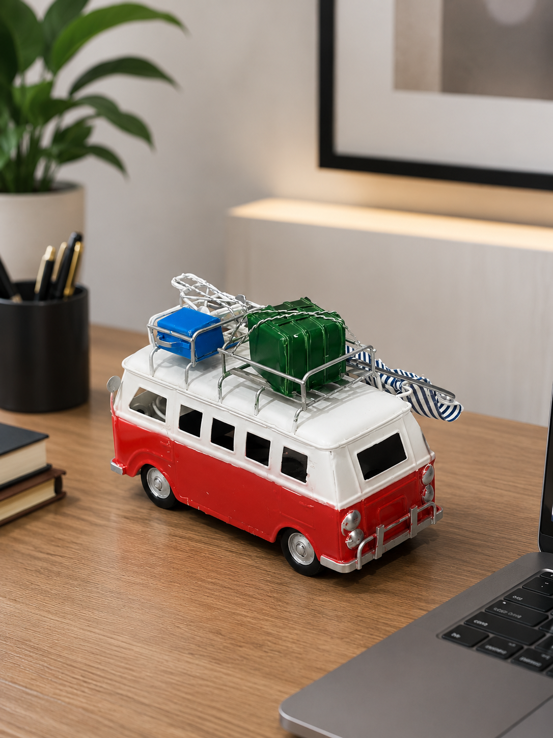 Vintage Red & White Camper Van Decorative Showpiece – Retro Travel Model
