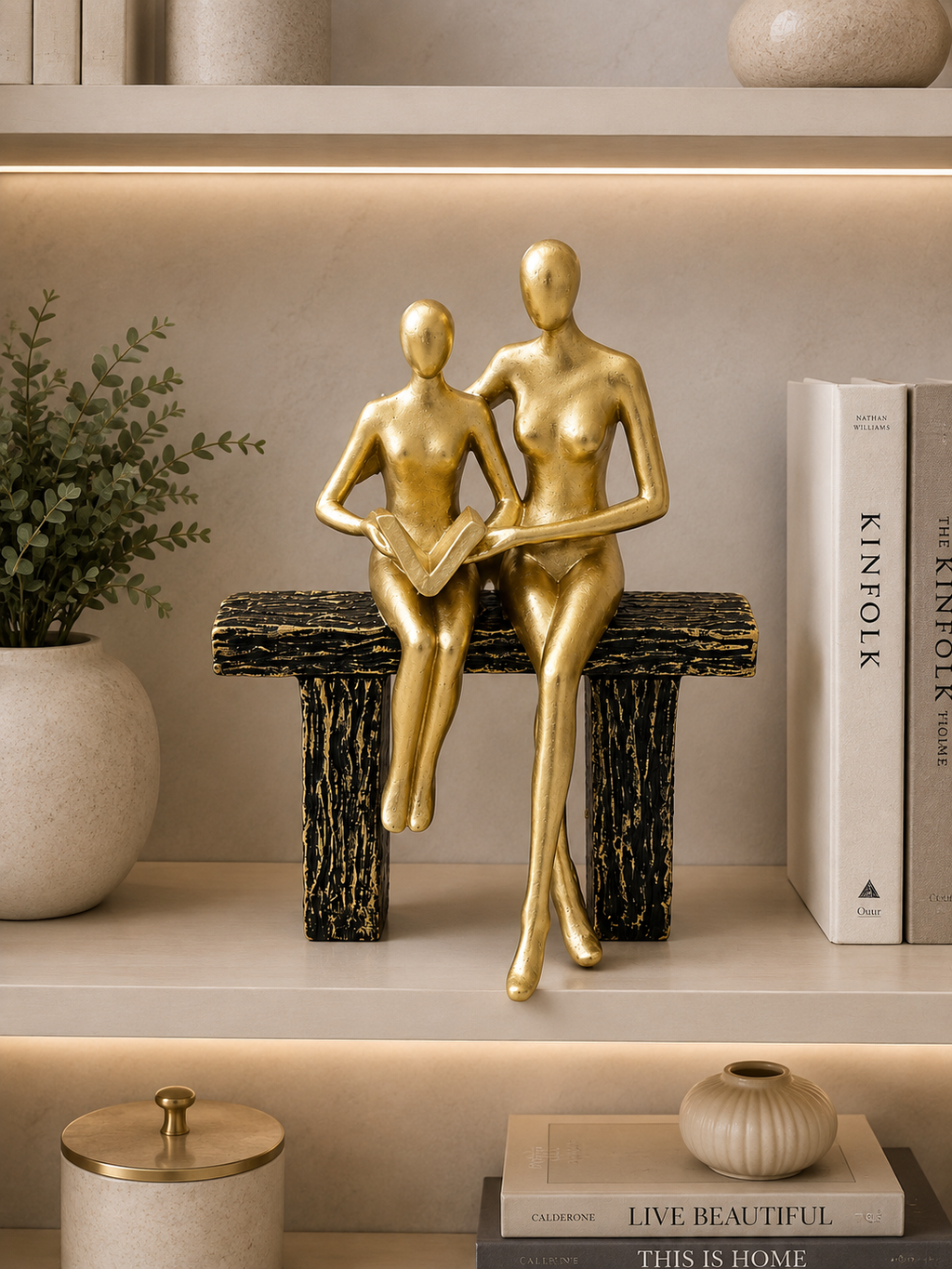 Elegant Golden Couple on Bench Sculpture – Luxury Modern Couple Decorative Showpiece