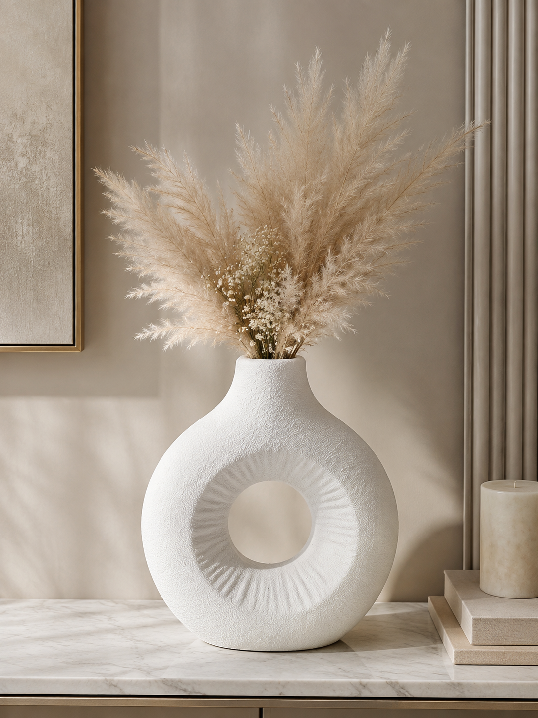 Modern White Donut Ceramic-Style Vase – Minimalist Decorative Flower Vase