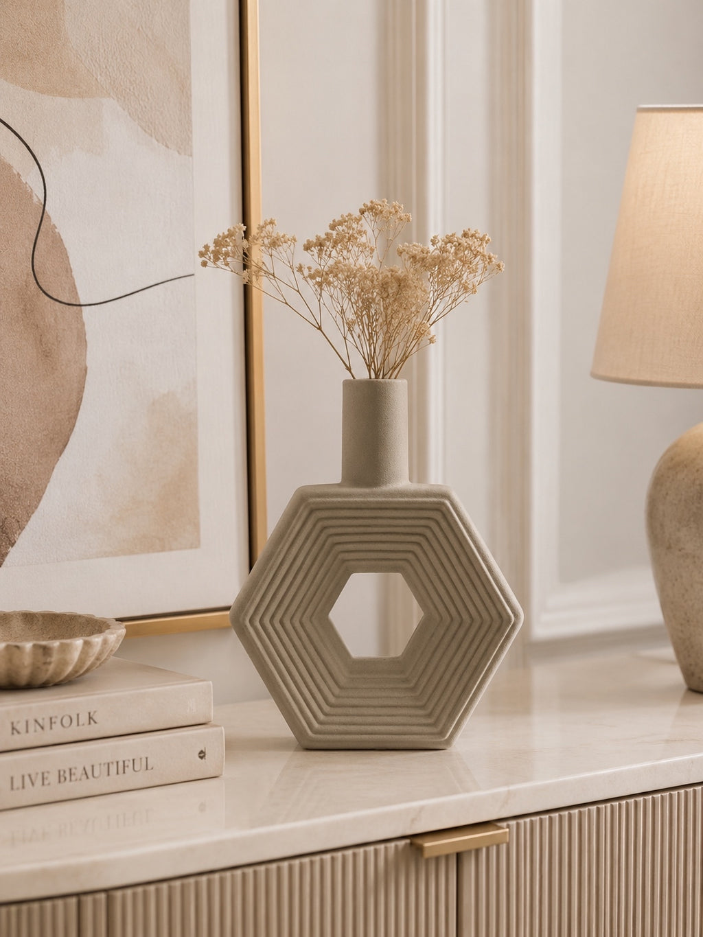 Modern Geometric Hexagon Ceramic Decorative Vase | Minimalist Hollow Flower Vase | Beige Home Décor