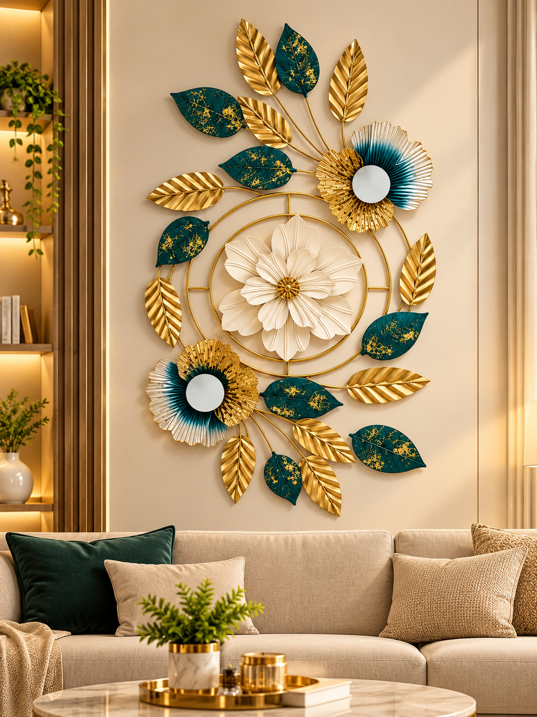 Luxury Gold & Teal Floral Wall Art – Elegant Metal Botanical Wall Décor