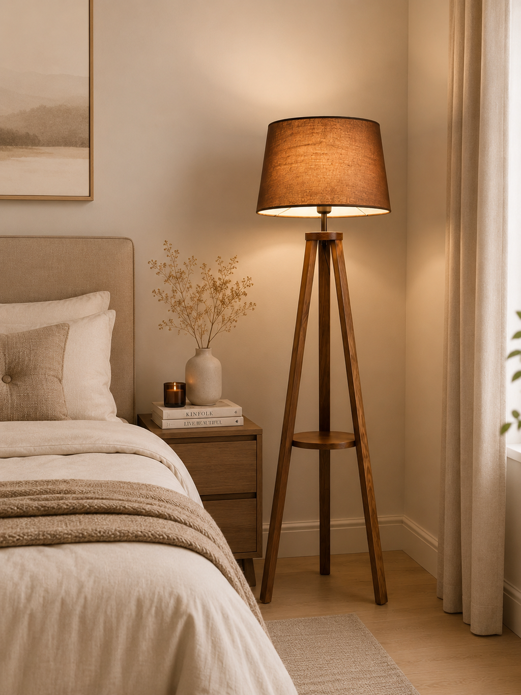 Modern Wooden Tripod Floor Lamp with Brown Fabric Shade | Contemporary Standing Lamp for Living Room & Bedroom