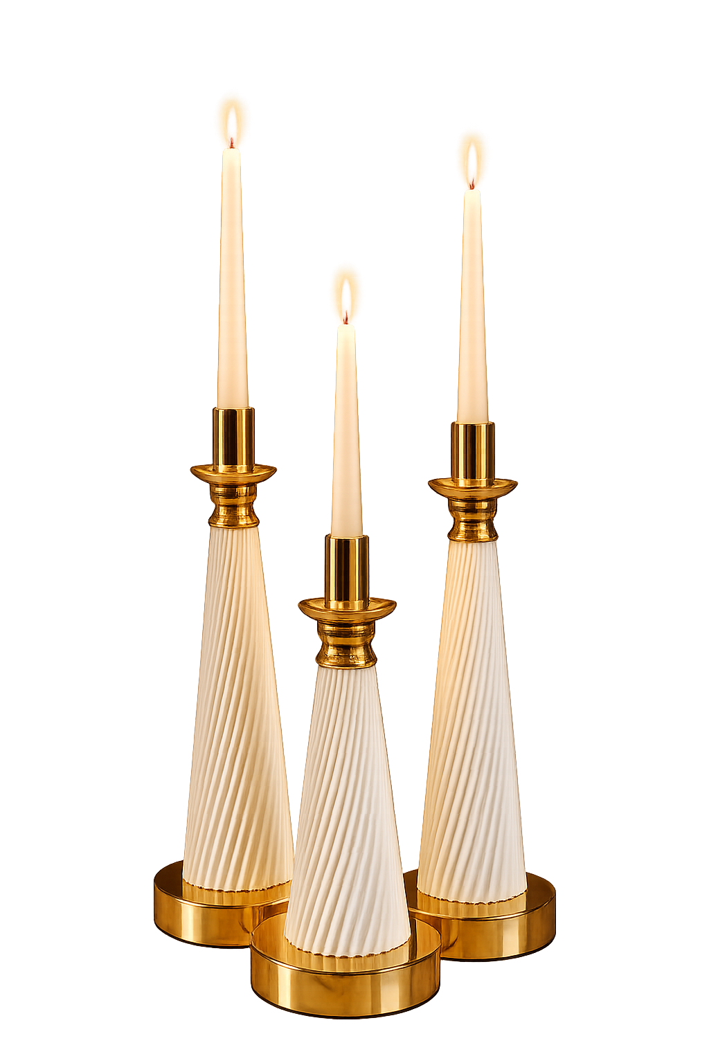 Luxury 3-Piece White & Gold Ribbed Candle Holder Set | Modern Decorative Taper Candle Stands | Resin Candlestick Set