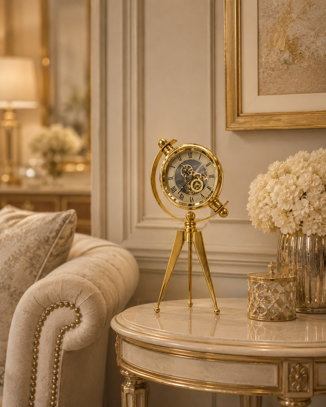 Luxury Vintage Gold Tripod Table Clock | Decorative Skeleton Desk Clock