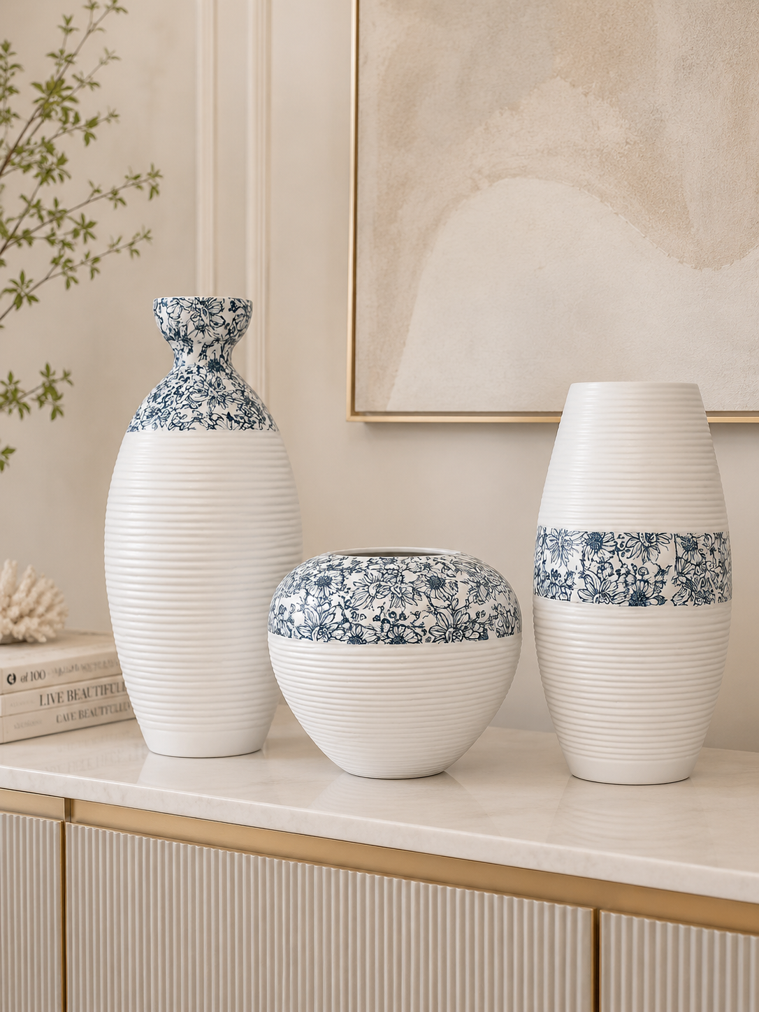 3-Piece White Floral Ceramic Vase Set | Modern Decorative Flower Vases for Living Room.