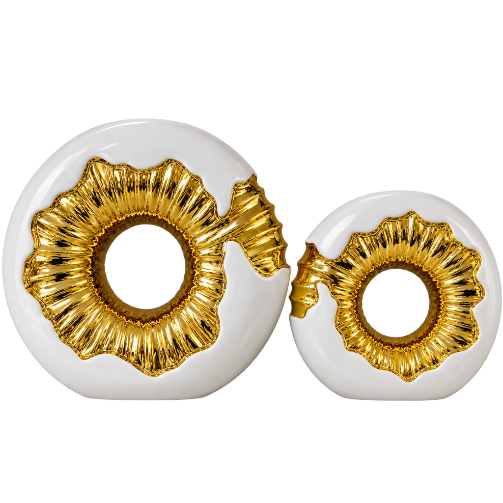 Luxury White & Gold Abstract Round Decorative Vase Set – 2 Pieces