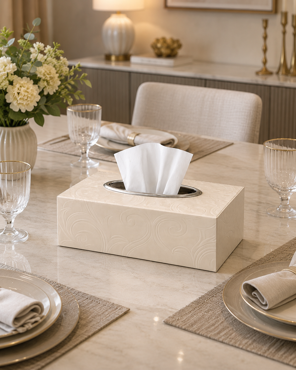Luxury Embossed Tissue Box Holder with Stainless Steel Top | Decorative Tabletop Tissue Box Cover | Modern Home & Office Decor