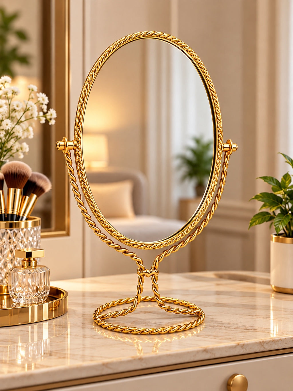 Luxury Gold Oval Tabletop Vanity Mirror with Twisted Rope Frame – Elegant Dressing Table Makeup Mirror