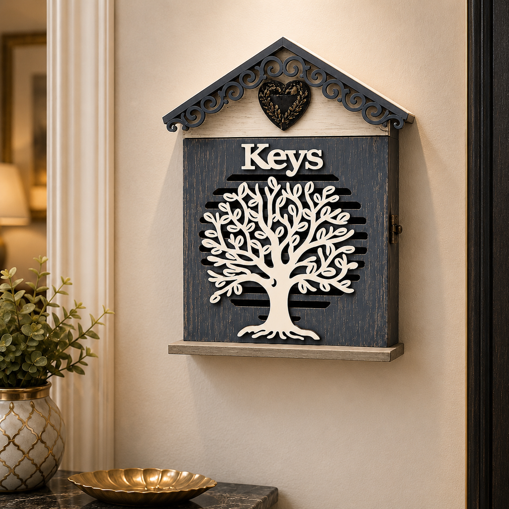 Wooden Wall Mounted Key Holder Cabinet with Tree Design | Decorative Key Storage Box for Home Entryway