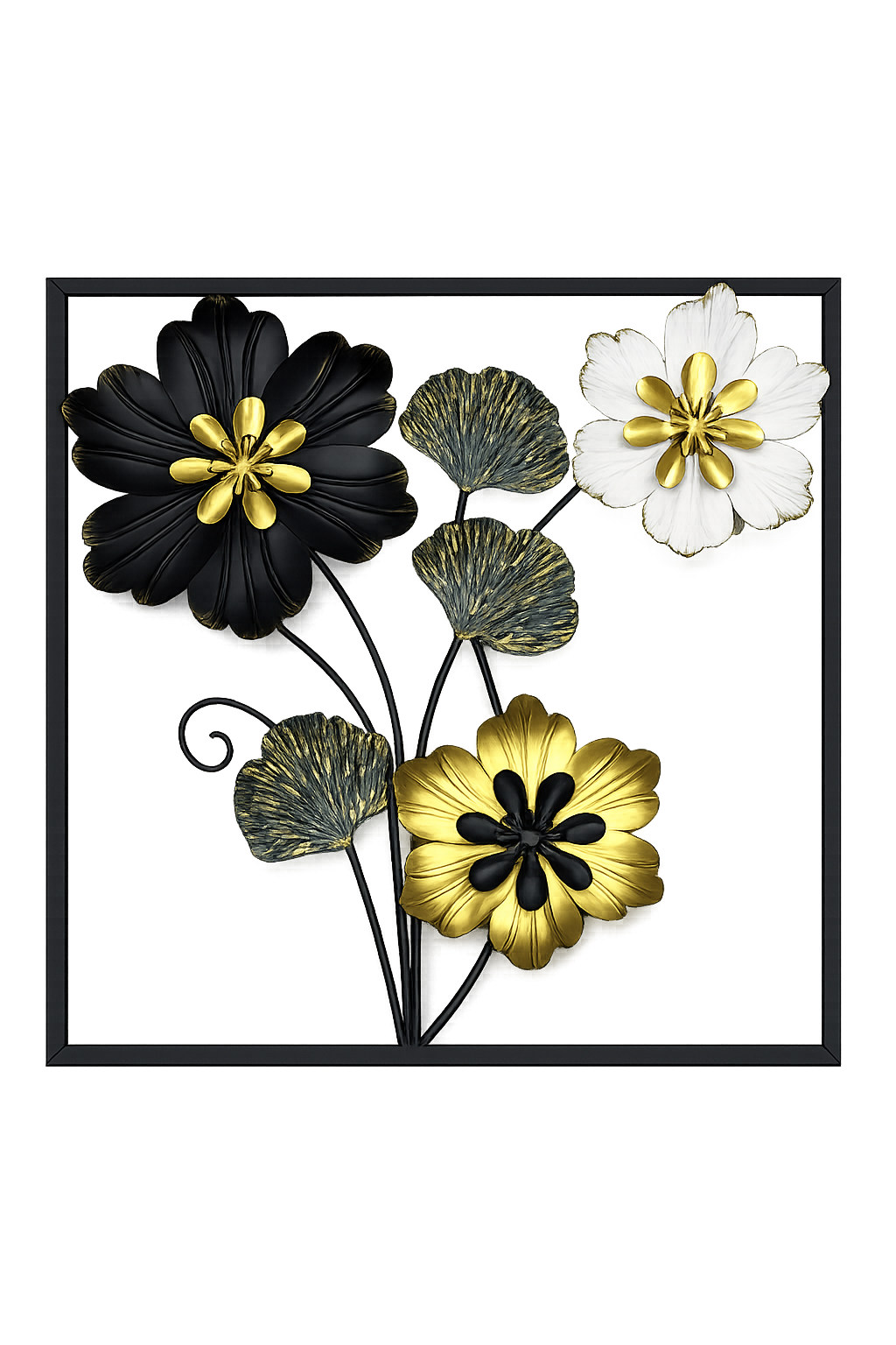 Luxury 3D Metal Floral Wall Art – Black, White & Gold Flower Wall Decor Frame | Modern Home Decoration