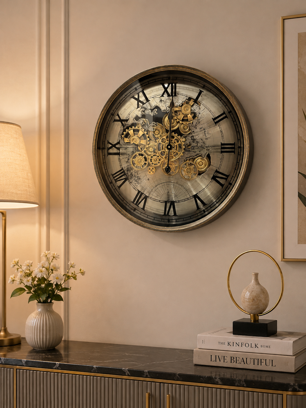 Luxury Vintage World Map Skeleton Wall Clock – Black & Gold Roman Numeral Design