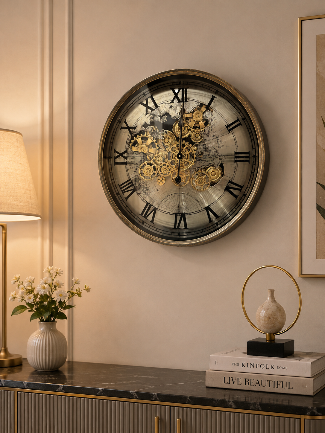 Luxury Vintage World Map Skeleton Wall Clock – Black & Gold Roman Numeral Design