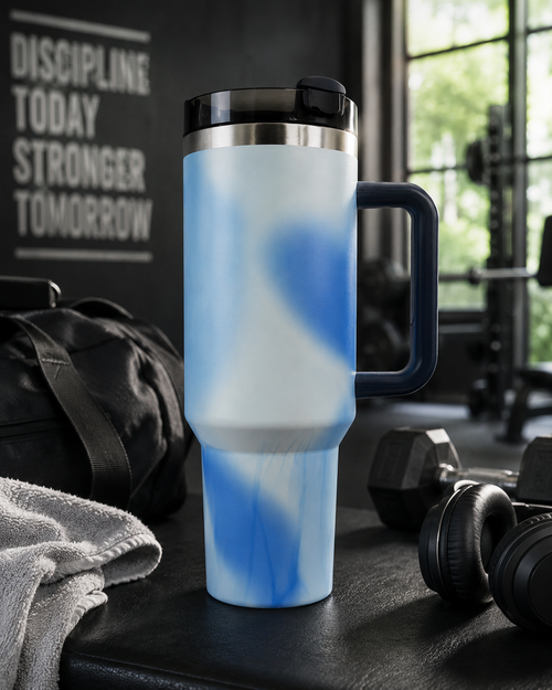 40oz Insulated Travel Mug with Handle & Lid – Stainless Steel Vacuum Tumbler | Blue Marble Finish