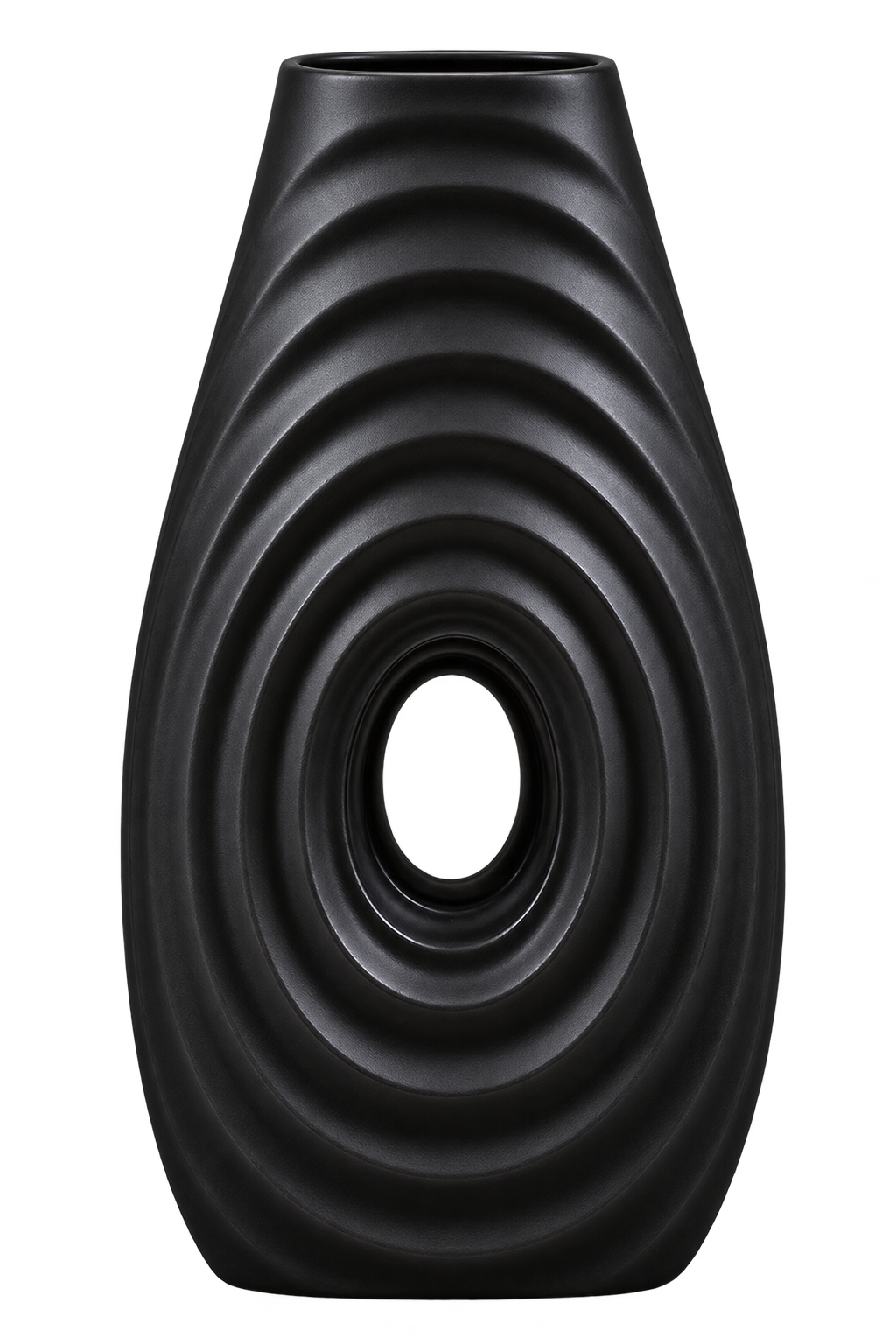 Modern Black Ribbed Decorative Vase – Sculptural Oval Accent Vase with Concentric Ring Design