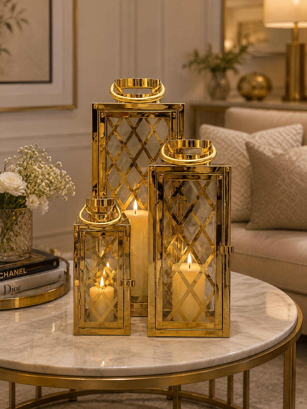 Luxury Gold Metal & Glass Lantern Set | Decorative Candle Holders | Modern Home Décor (Set of 3)