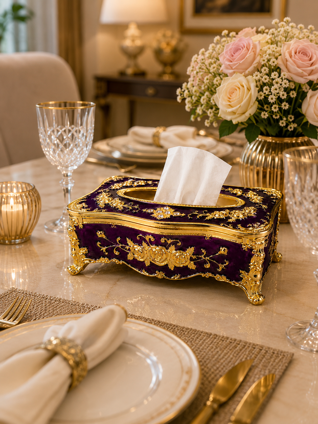 Luxury Vintage Metal Tissue Box Holder | European Floral Decorative Tissue Case.