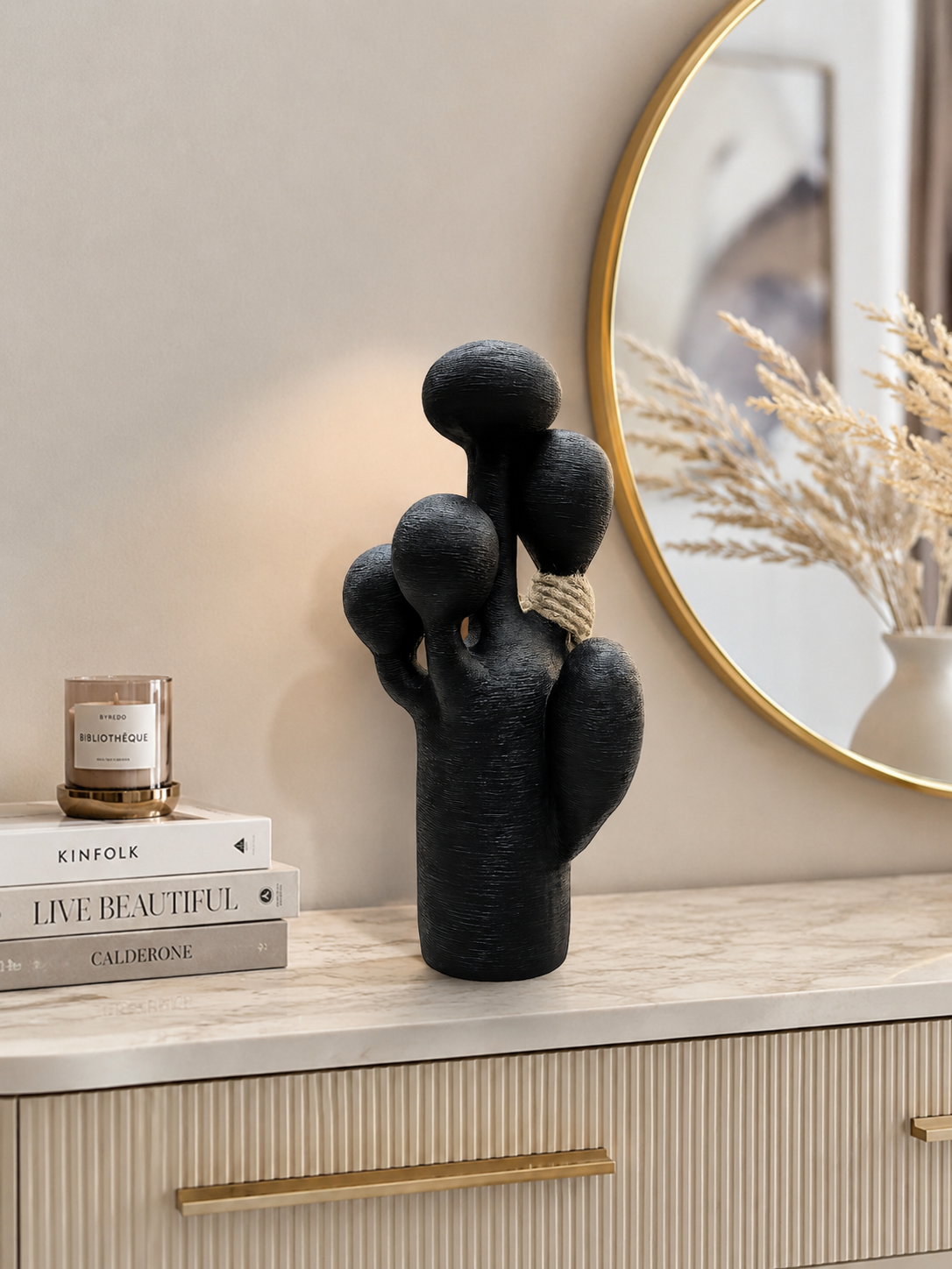 Modern Black Abstract Cactus Sculpture | Resin Decorative Table Accent for Living Room, Office & Shelf Décor