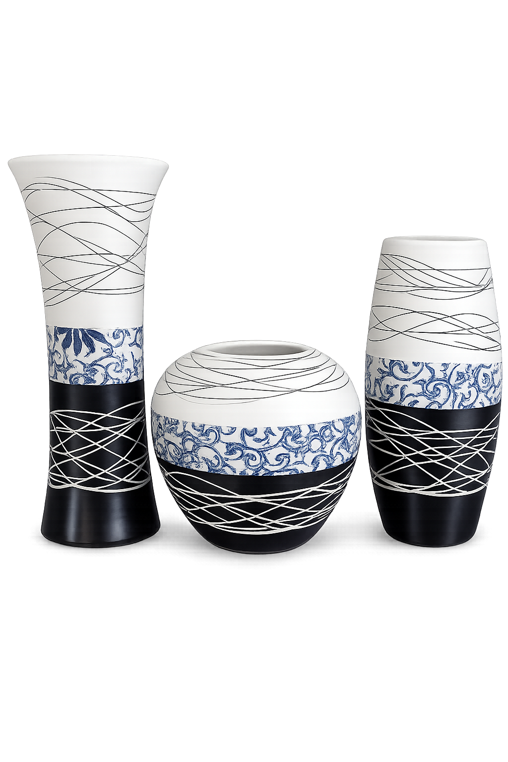Modern Black & White Ceramic Decorative Vase Set | Luxury Home Décor Flower Vases (Set of 3)