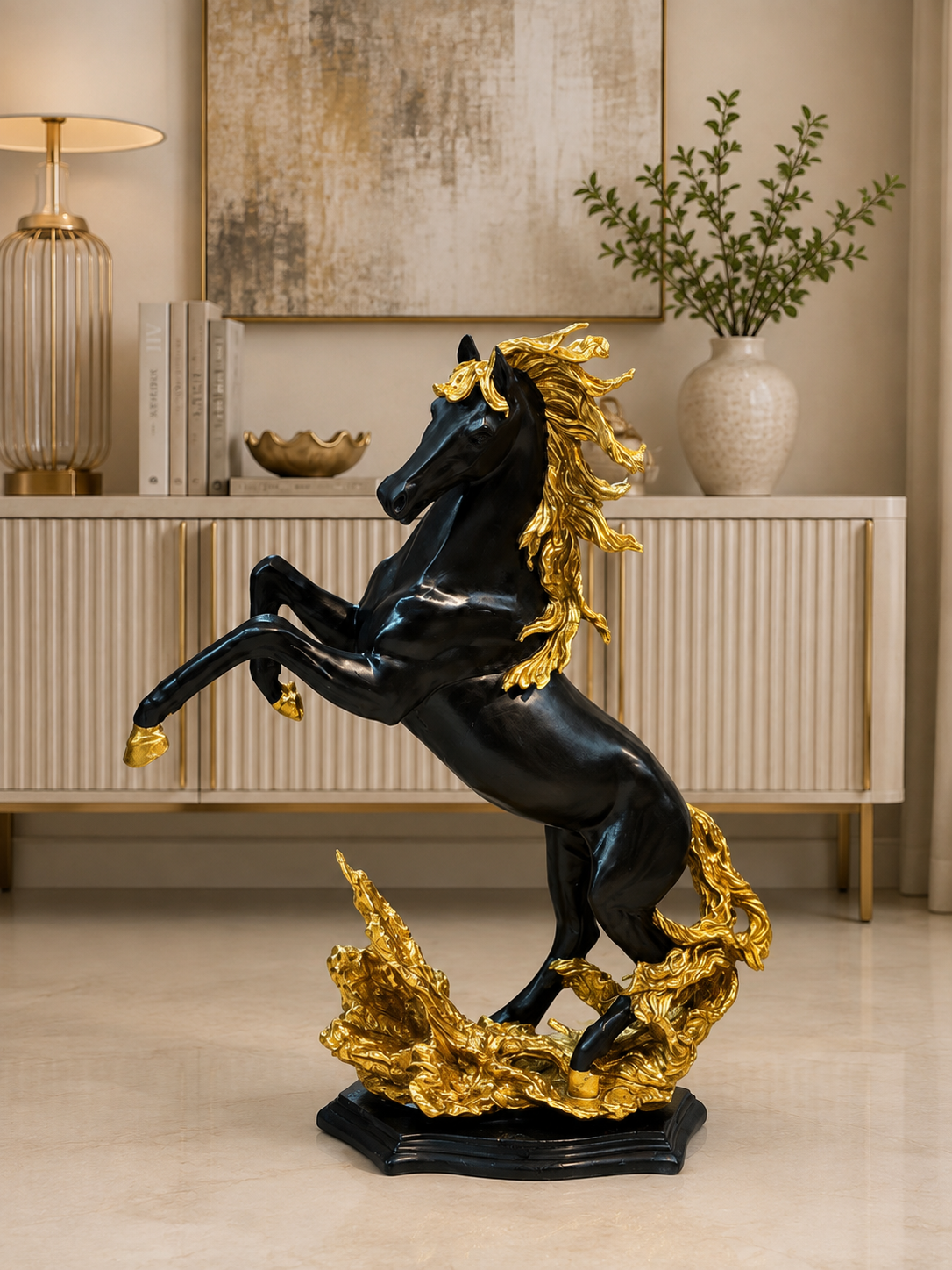 Luxury Rearing Horse Sculpture | Modern Resin Horse Statue | Black/White & Gold Home Décor Accent