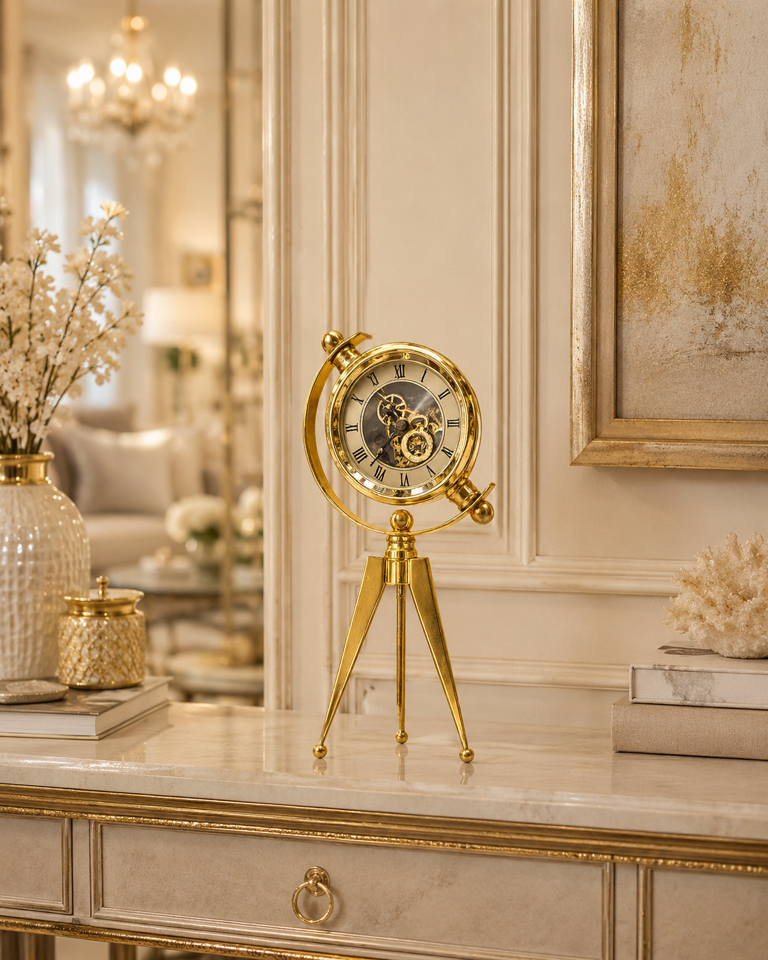 Luxury Vintage Gold Tripod Table Clock | Decorative Skeleton Desk Clock