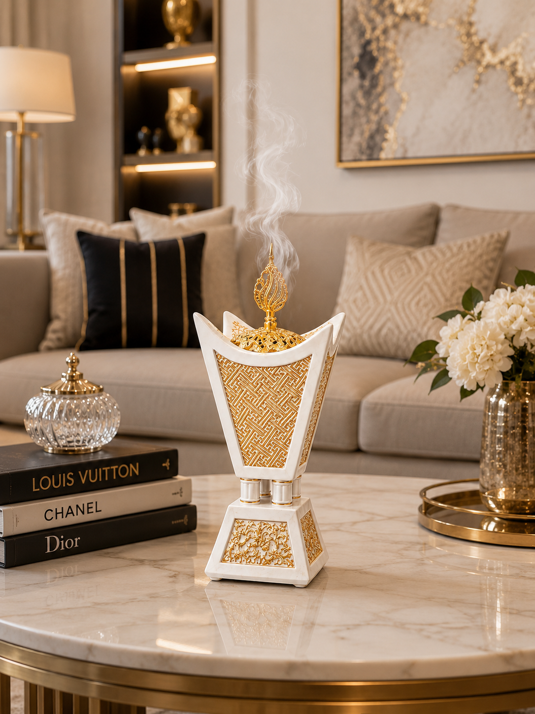 Luxury Bakhoor Burner | White & Gold Arabic Incense Burner (Mabkhara) | Decorative Home Fragrance Holder