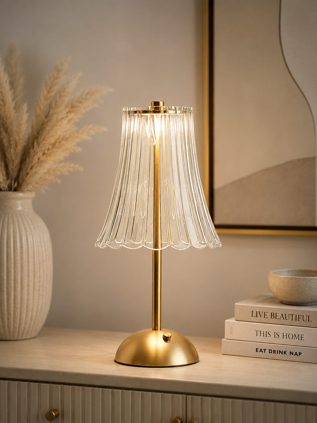 Modern Gold LED Table Lamp with Acrylic Pleated Shade | Luxury Rechargeable Desk Lamp