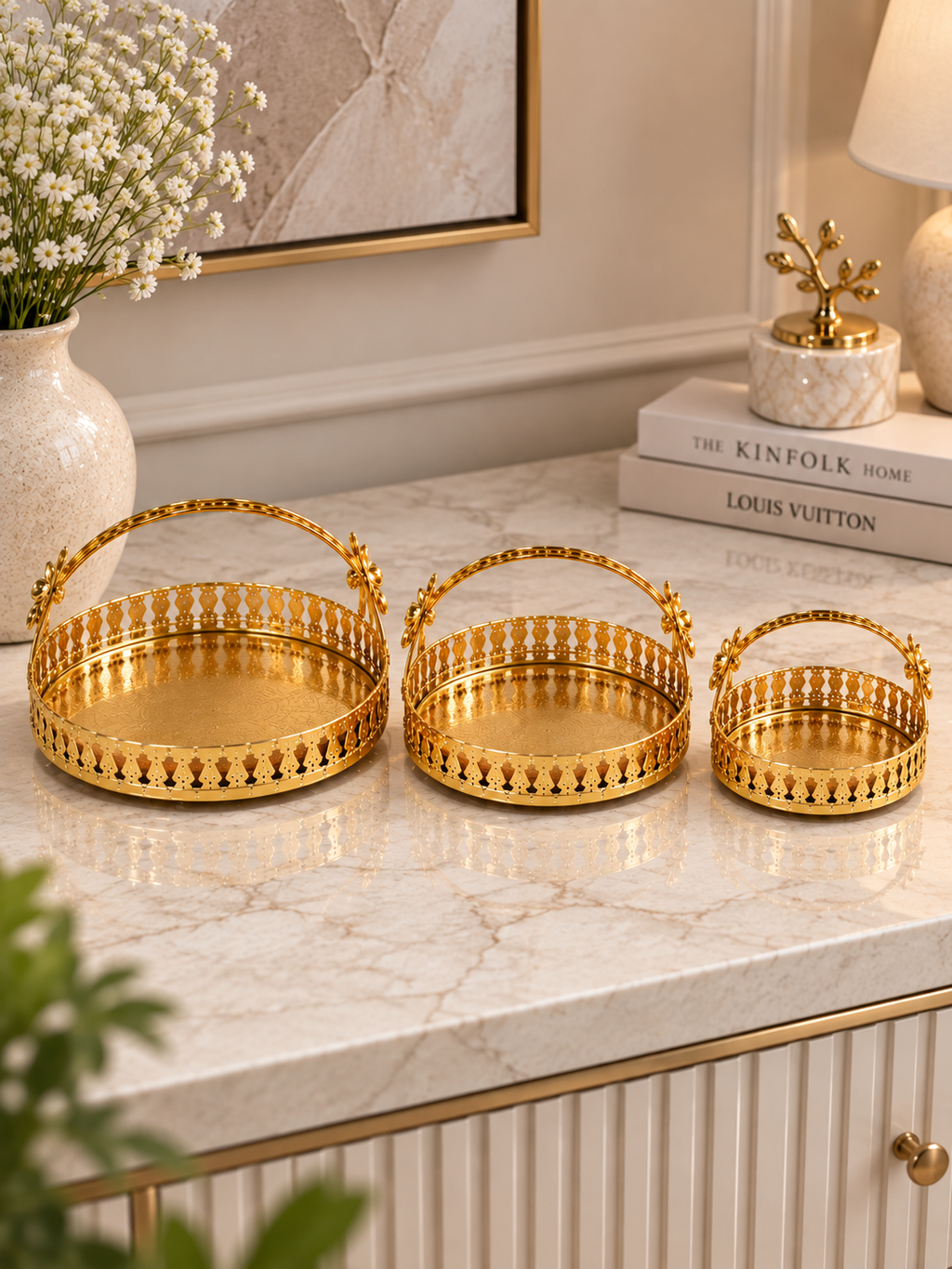 Luxury Gold Decorative Serving Tray Set with Handles – 3-Piece