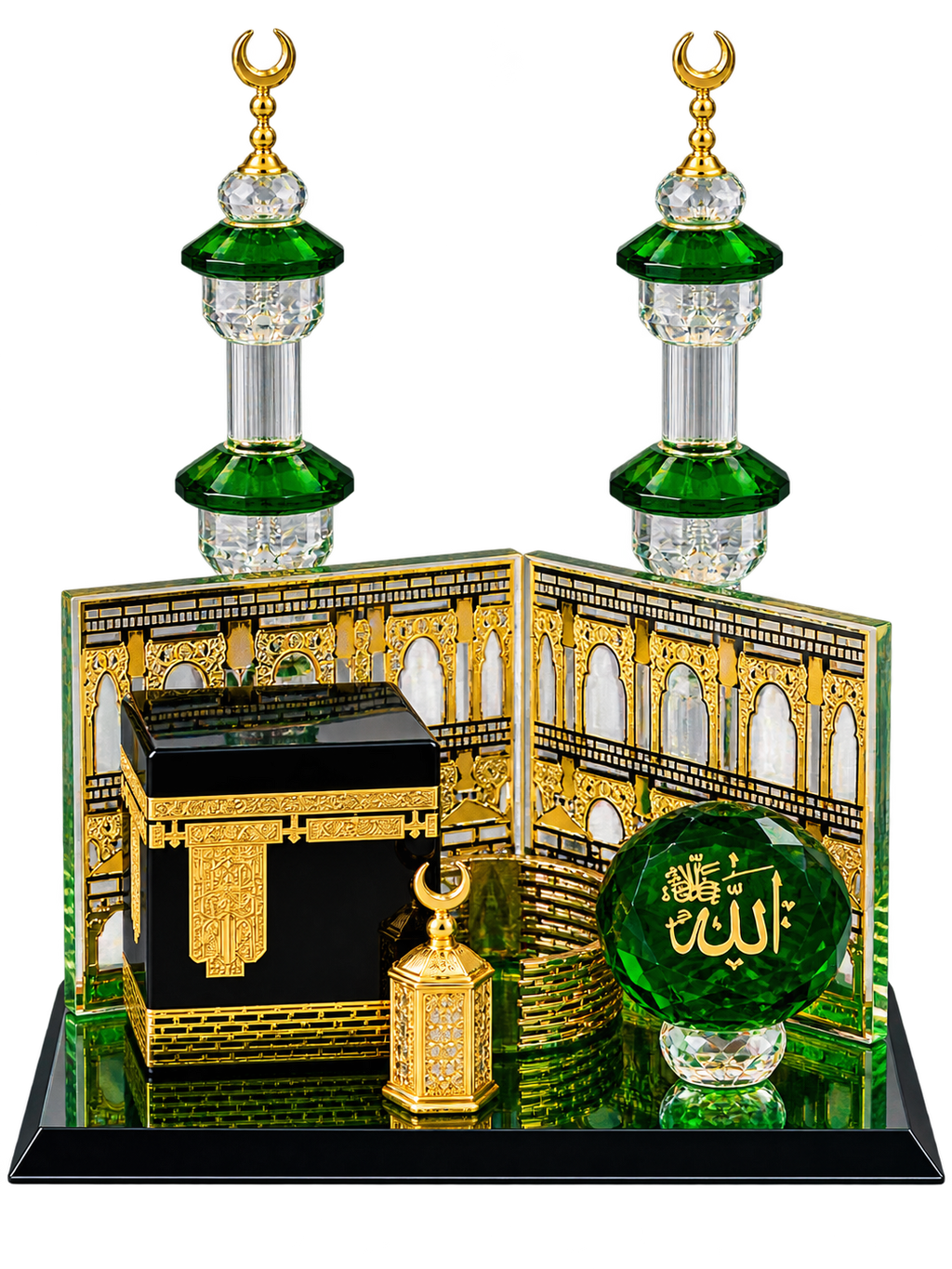 Luxury 3D Kaaba & Masjid Al-Haram Islamic Decorative Showpiece – Premium Green & Gold Décor